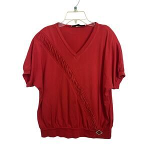 Vtg 80’s Red Short Sleeve Rouched Top Gold Rhinestone Broach Size Medium